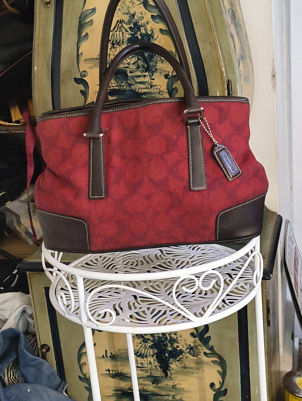 Coach Hamptons Weekend Signature Suede Tote Bag Red Brown Leather Excellent Cond - Picture 15 of 15